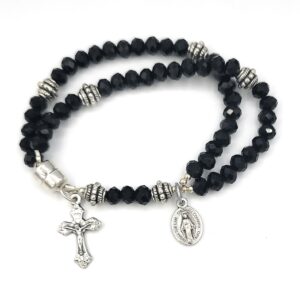 Black crystal Wrist Rosary 5 decade bracelet with magnetic clasp